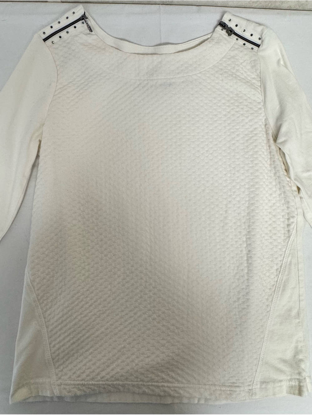 Onque Casuals Cream Quilted Long Sleeve Top with Stud Accents